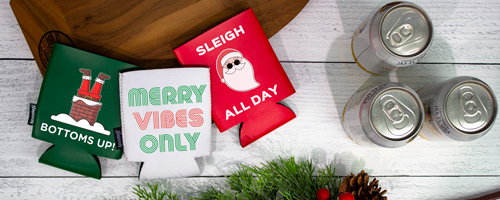 soda cans with custom holiday koozies